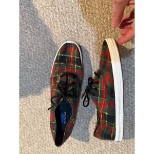 Keds red and green plaid Tartan metallic gold sneakers NWOT size 7.5